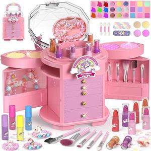 PERRYHOME Kids Makeup Set for Girls, 50 Pcs Washable Non-Toxic Real Cosmetic Toddler Makeup Kit, Unicorn Princess Play Makeup Toys Birthday Gifts, Dress up Time Girl Toys for 3 4 5 6 7 8 9 10 11 12