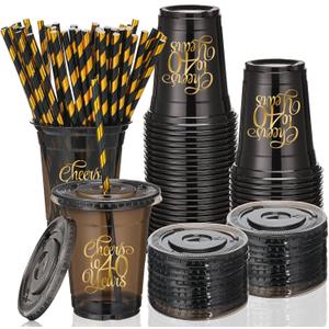 150 Pcs 40th Birthday Cups 12 oz Cheers to 40 Years Disposable Plastic Cups Black Gold Cold Beverage Drinking Tumblers Bulk for Men Women Birthday Wedding Anniversary Party Decorations Favors