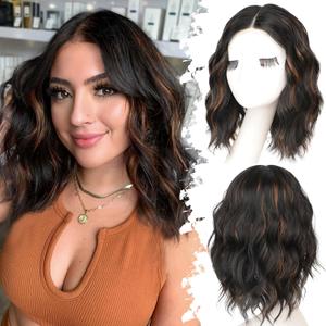 Black Mix Brown Short Wavy Wig for Women Lace Hairline Bob Style Synthetic Heat Resistant - Natural Appearance for Everyday Hairstyle 14 Inch