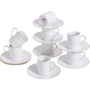 White Porcelain 8-Piece Espresso Cup Set - 3.3oz Demitasse Cups and Saucers Set, Elegant design with gold trim, Perfect for Espresso, Turkish Coffee, and Dessert Drinks, Gifts