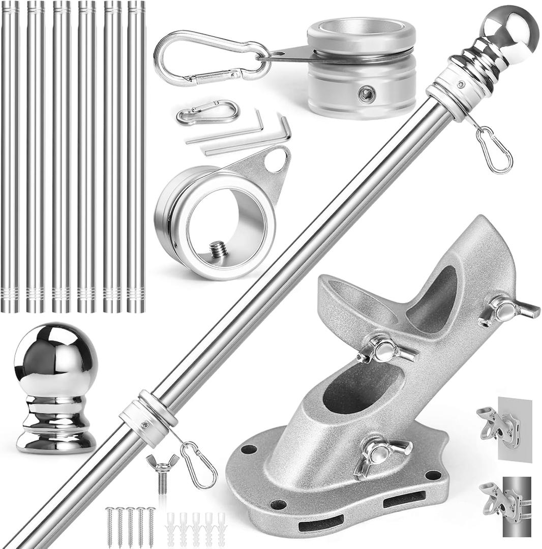 Anovo Flag Pole Kit- Stainless Steel 7 FT Flag Poles with1 Inch Metal 360 Rotating Flag Pole Rings Clip, Two-Position Flag Pole Holder Brackets Mounting for Outside House Outdoor Porch(7 FT - Sliver)