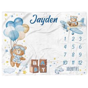 Honestchi Baby Milestone Blanket - Custom Monthly Blankets with Name for Boys and Girls - Customized Shower Gifts (HPPP01 Bear)