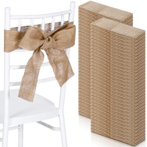 24 Pcs Burlap Chair Sashes for Wedding Natural Jute Bow Ribbon Ties for Rustic Country Wedding Decoration Farmhouse Vintage Party Reception Birthday Anniversary Banquet, 3.9inch x 7.87ft