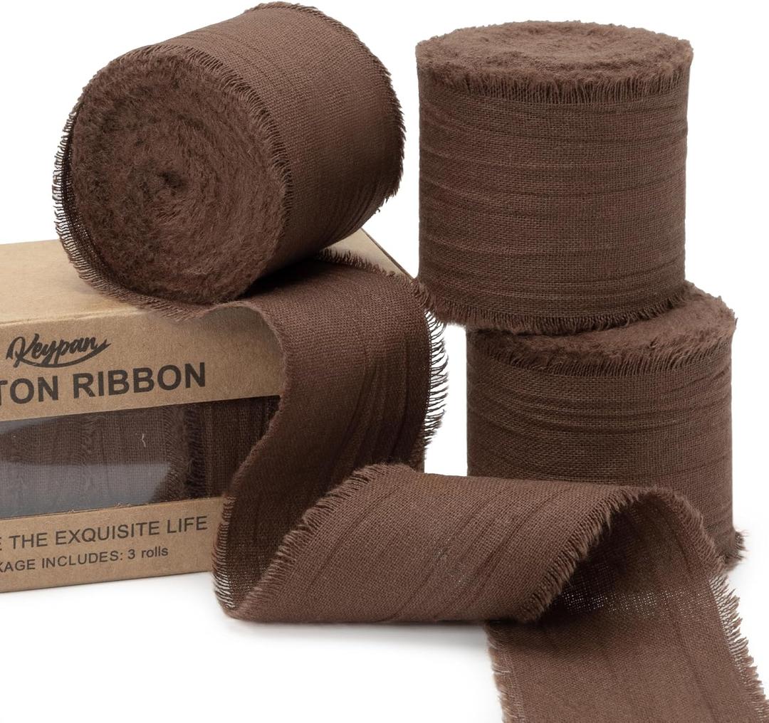 Keypan Brown Ribbon 1-1/2 Inch x 15 Yards Crinkle Fabric Cotton Ribbons for Gift Wrapping Wedding Invites Bouquets Party DIY Crafts Home Decor