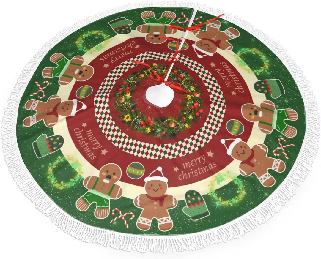 Cute Gingerbread Man Candy 36 inch Tassel Christmas Tree Skirt, Perfect Decorations for Halloween Christmas New Year Holiday Parties