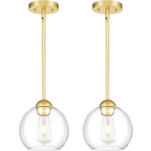 Emak 2 Pack Gold Pendant Light Fixtures, 8 Inch Globe Pendant Lights Kitchen Island with Clear Glass, Modern 1 Light Pendant Lighting for Kitchen, Bedroom, Bathroom, PL121-GD-2PK