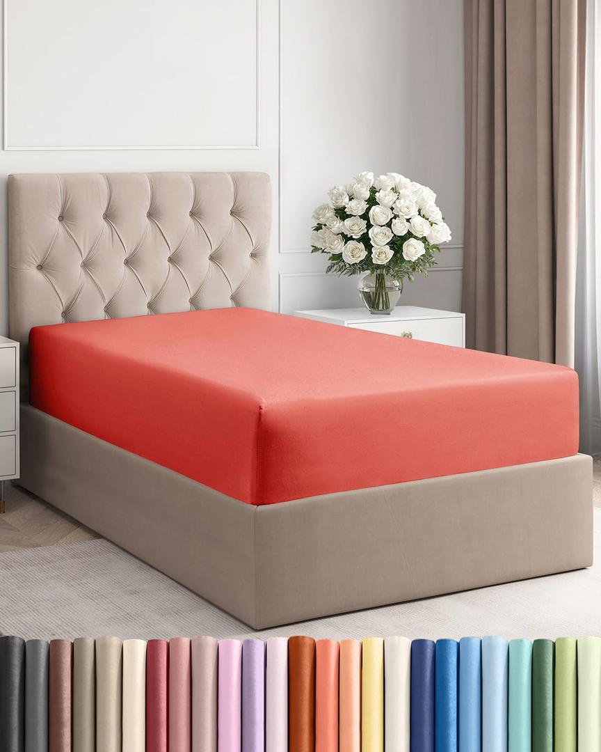 Twin Fitted Bed Sheet - Bottom Single Fitted Sheet Only - Ultra-Soft Hotel Luxury Bedding w/ 8-16 Inch Deep Pockets - Breathable, Cooling & Wrinkle Free - Easy-Care, Fade & Shrink Resistant - Coral