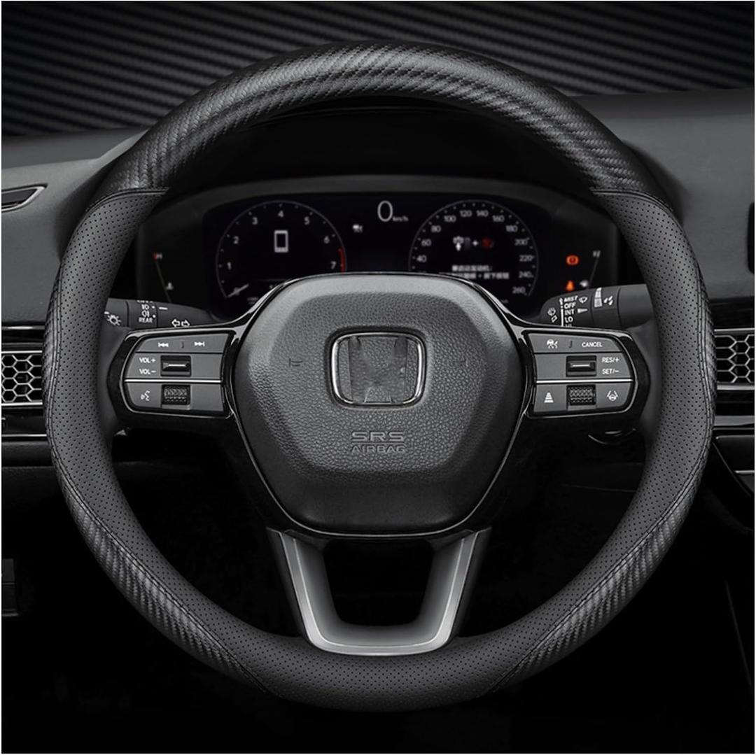 Black Car Steering Wheel Cover Compatible with Honda, Nappa Premium Leather Carbon Fiber Texture Automotive Steering Wheel Cover Fits Honda Accord, Civic, CRV, Fit, Odyssey, Pilot (Standard (For 14.5-15 Inch Steering Wheel))