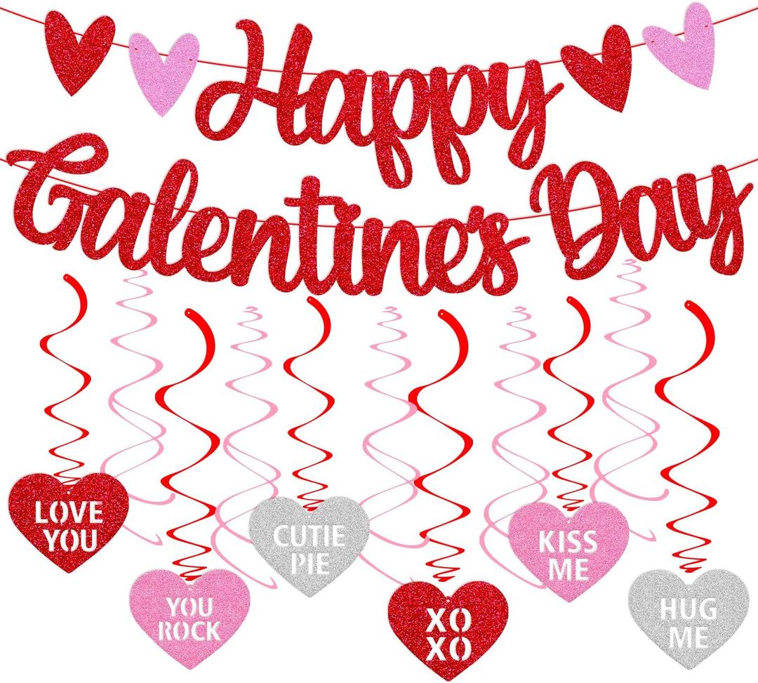 Happy Galentines Day Banner Galentines day Decorations Glitter Red Pink Heart Hanging Swirls Valentines Day Theme Party Decorations Pack Valentine Party Supplies