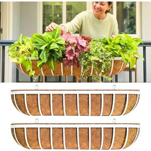 LaLaGreen Deck Railing Planter Boxes (2 Pack, 36") White Metal Extra Large Wall Hanging Planter with Coco Liner, Rectangular Window Flower Box for Outdoor Plants Deck Rail Fence Balcony Porch Patio