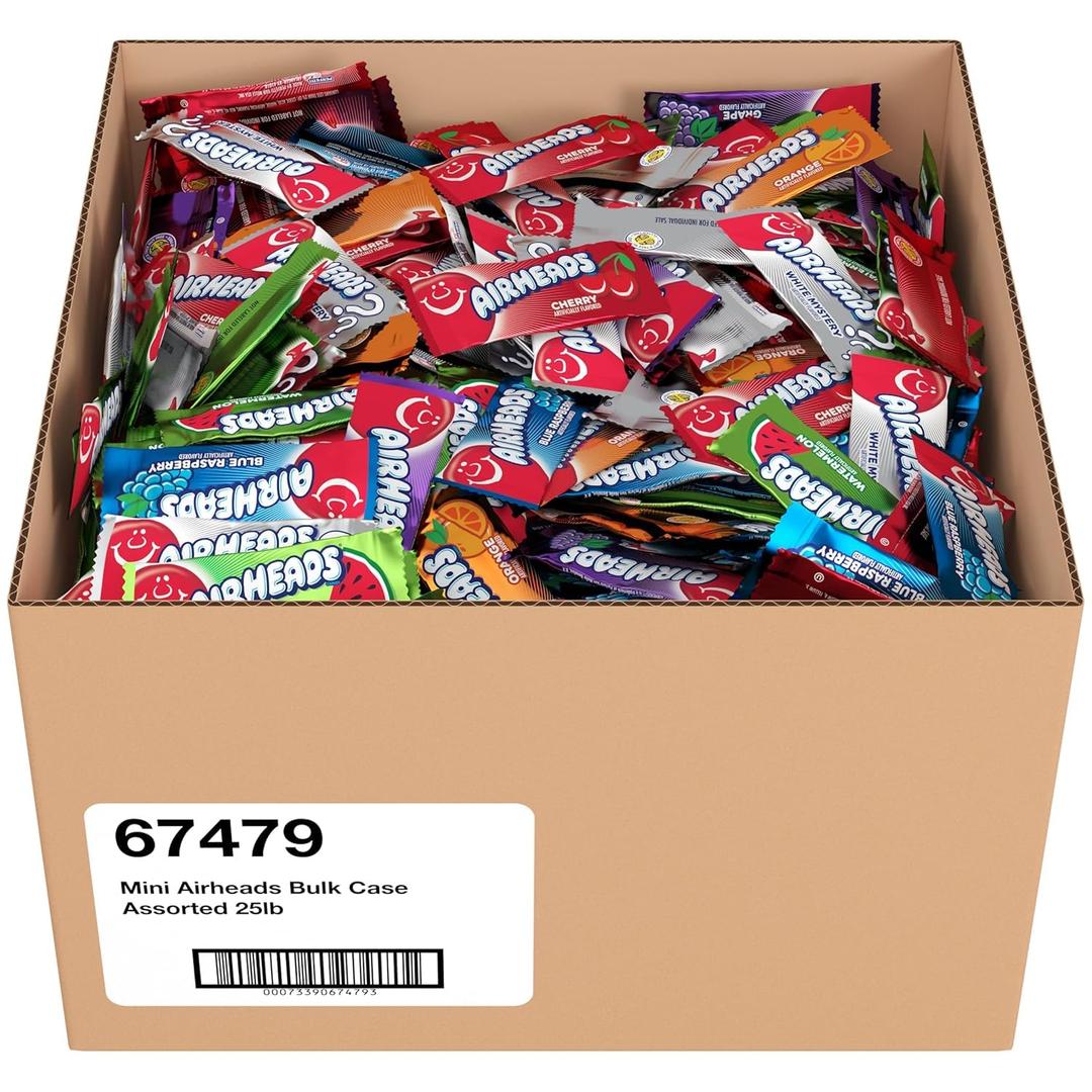 Airheads Mini Candy Bars, Taffy Variety Pack, Individually Wrapped Bulk Candy, Six Assorted Fruit Flavors Artificially Flavored, 25 Pound Box, BBD 01/2027