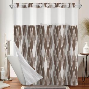 No Hook Shower Curtain and Liner Set, Taupe Neutral Abstract Wave Print Waterproof Double Layer Bath Tub Curtain with Mesh Top for Modern Farmhouse & Minimalist Bathroom Decor, 71W x 74H