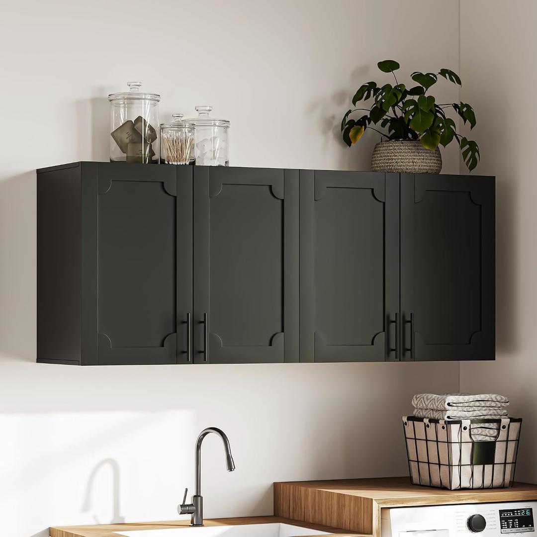 Treocho Black Laundry Room Cabinet with 4 Doors, Modern Bathroom Cabinet Wall-Mounted with Adjustable Shelf, Kitchen Wall Storage Medicine Cabinet for Living Room,Garage