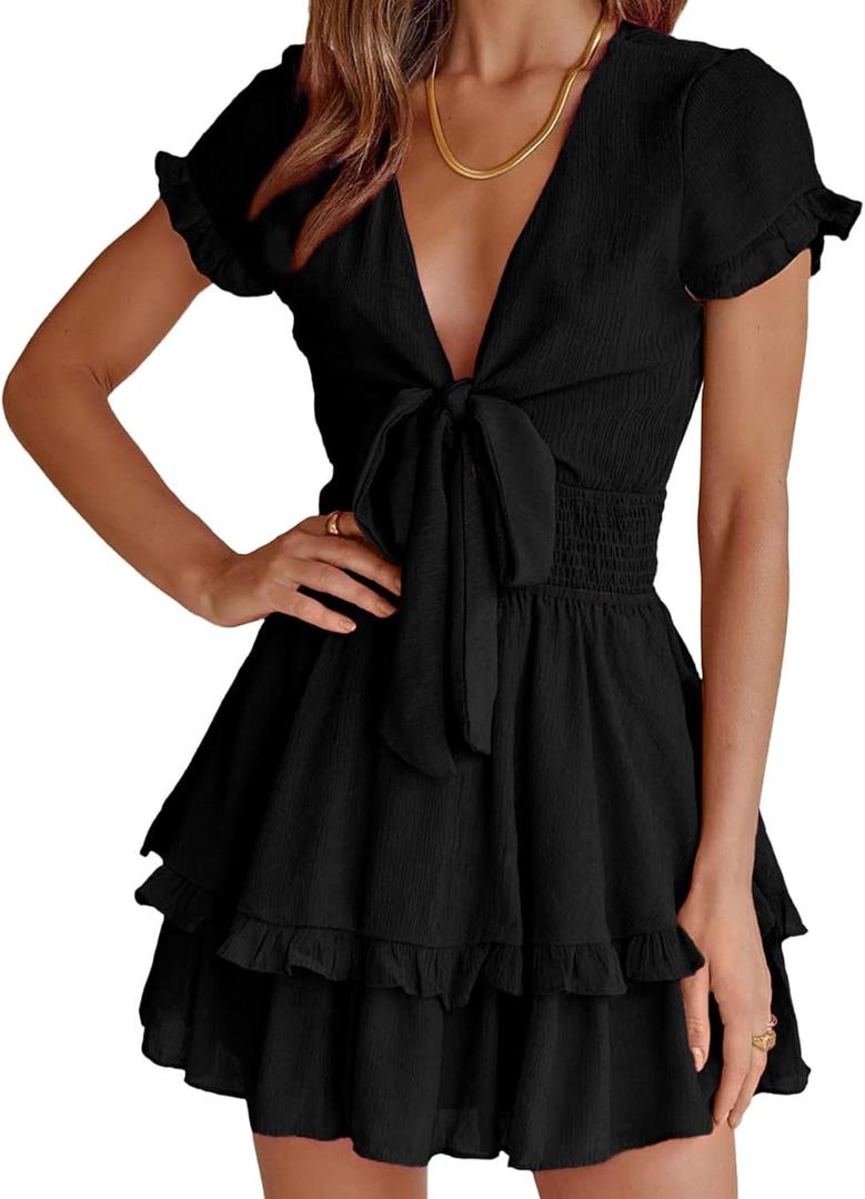 PRETTYGARDEN Women Summer Mini Short Dress 2025 Short Sleeve Casual Beach Vacation Sundress V Neck Tiered Sun Dresses (Small, Black)