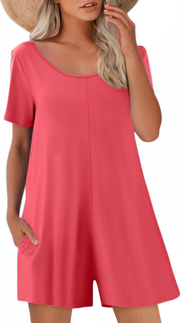 Womens Summer Casual Romper Short Sleeve Crewneck Shorts Overalls Jumpsuit with Pockets 2025 Outfits (Small, Pink)