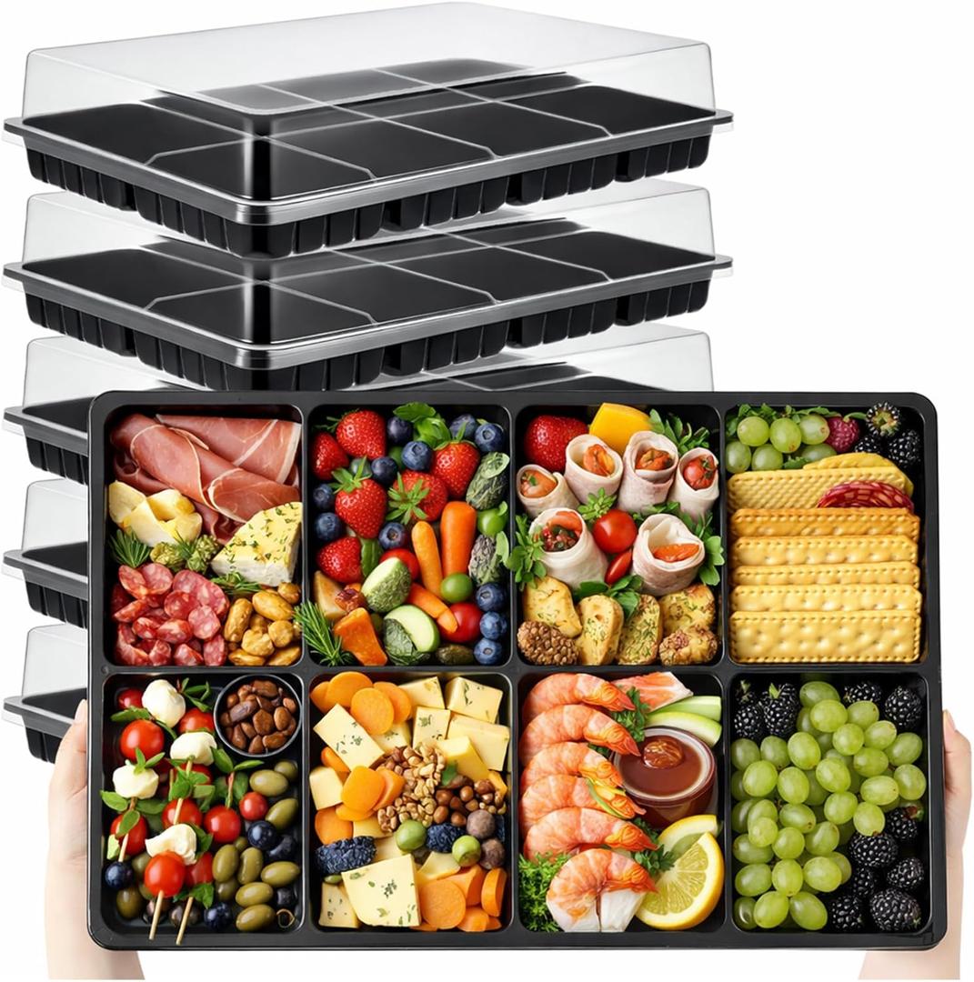 Shellwei 5 Pack 8 Compartments Divided Charcuterie Board with Lid Large 15 x 10 Inch Disposable Catering Serving Trays with Lid Reusable Plastic Serving Platter