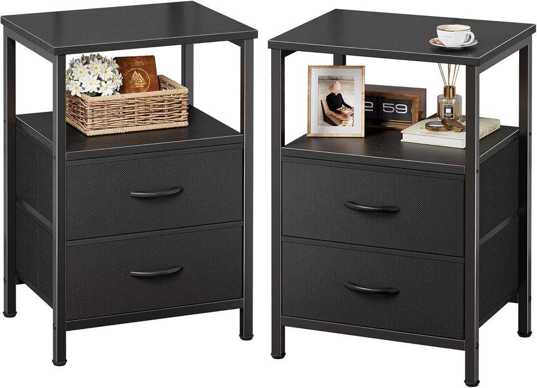 Huuger Night Stand Set of 2, Nightstand with 2 Drawers, Bed Side Table with Open Shelf, Wooden Top, End Table, Fabric Drawer, for Bedroom, Black (11.8"D x 15.7"W x 23.6"H)