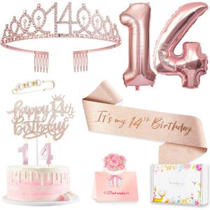 14th Birthday Decorations for Girls, 14th Birthday Sash and Crown, Cake Topper, Number Candles and Balloons, 14 Year Old Gifts for Girls