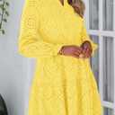 PRETTYGARDEN Women's Spring 2025 Long Puff Sleeve Mini Dress Hollow Out Lace V Neck A Line Ruffle Casual Party Dresses (Yellow, S)