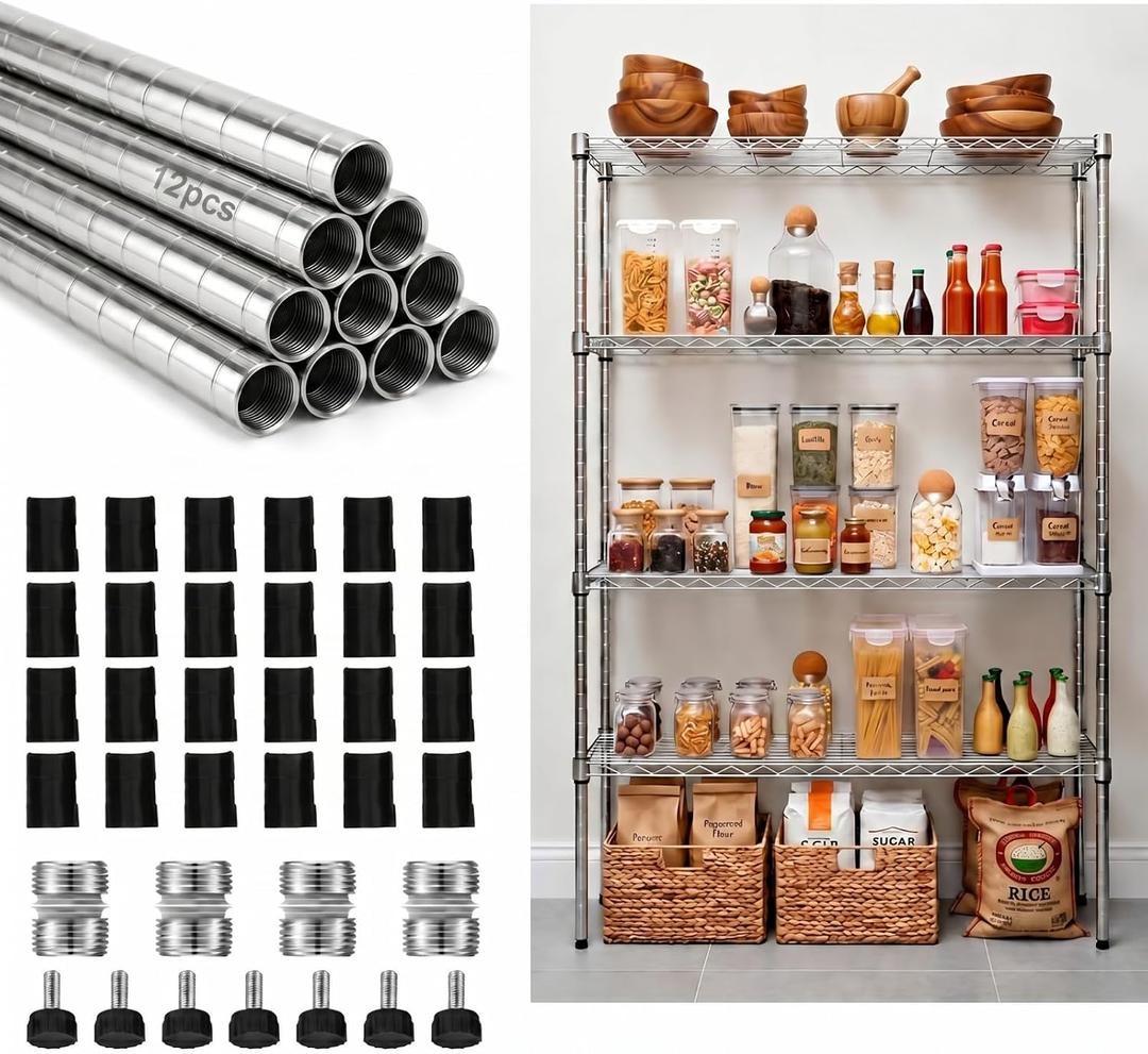 Thyle Set of 4 Wire Shelving Poles Including 12 Pcs 18'' Poles and 50 Pcs Shelf Clips, Heavy Duty Chrome Commercial Wire Shelving Parts for 1" Post Shelf Rack Accessories Replacement(54")