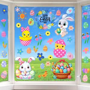 4 x Easter Window Clings Happy Easter Bunny Rabbit Egg Window Stickers Double-Side Glass Decals for Home Office School Shop Display Party Decorations, 9 Sheet