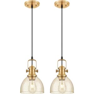 2-Pack Pendant Lights Kitchen Island, 7.5" Farmhouse Pendant Lighting with Amber Seeded Glass Shade, Hanging Light Fixtures for Dining Room, Brushed Gold, AD-22151-1P2-GD-OR