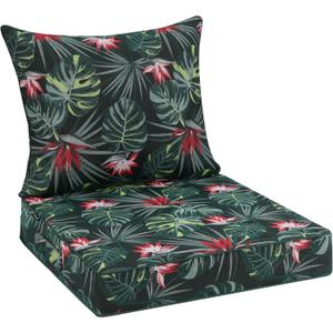 Favoyard Outdoor Seat Cushion 24 x 24 x 4 in Waterproof Pattern Fade Resistant Cover Removable Patio Furniture Cushions Deep Seat & Back Cushion Set with Adjustable Straps for Patio Chair Sofa Couch (Black Floral)