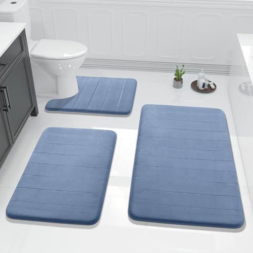 Yimobra 3 Pieces Memory Foam Bath Mat Set with U-Shaped Toilet Rug - Non Slip Super Soft Absorbent Quick Dry Bathroom Rugs for Bathtub, Vanity & Toilet Base, Denim Blue