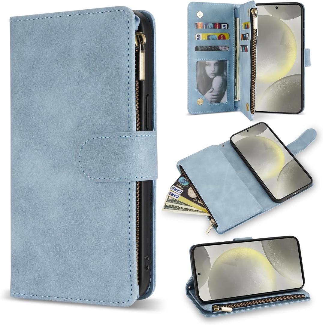 ZZXX for Samsung Galaxy S24 Wallet Case with RFID Blocking Card Slot PU Leather Zipper Flip Folio with Strap Kickstand Protective Cover for Samsung Galaxy S24 Case Wallet(Light Blue-6.2 inch)