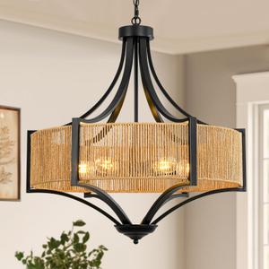 24 Rattan Chandelier Light Fixture, 6-Light Large Rustic Pendant Lighting with Hand-Woven Wicker Shade and Metal Frame, Boho Black Hanging Ceiling Light for Dining Room, Living Room