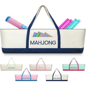 Aliceset Extra Large Mahjong Bag for Tiles Racks Mat 37.4 x 10.6 x 4 Inches Canvas Mahjong Tote Bag Carrying Case with Zipper Pocket for Cards Pushers Mah Jong Accessories(Case Only)(Blue)