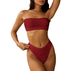 ZAFUL Women Strapless Textured Bandeau Bikini 2 Piece Swimwear Cheeky Solid Lace up Bathing Suits (Small)