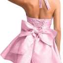 Jacquard Corset Dress,Deep V Halter Mini Dresses with Bow Back,Sexy Birthday Outfits Women Homecoming Prom Formal (Small, Pink)