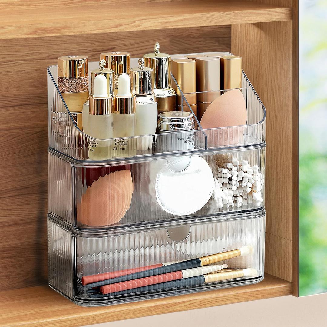 Medicine Cabinet Organizer 3 Tier, Stackable Bathroom Mirror Cabinet StorageSmall Makeup Organizers with 2 Drawer and 1 Tray for Wall Cabinet Closet Vanity, Countertop, Clear