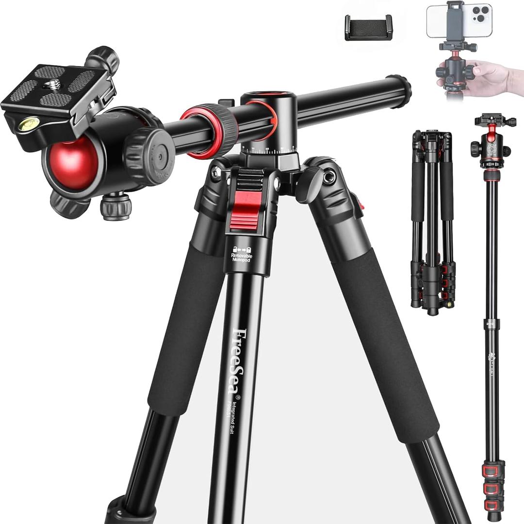 FreeSea 72 inch Camera Tripod,Transverse Center Column Aluminium DSLR Tripod with 360 Degree Ball Head 15kg Load Capacity,Quick Release Plate,Detachable Monopod