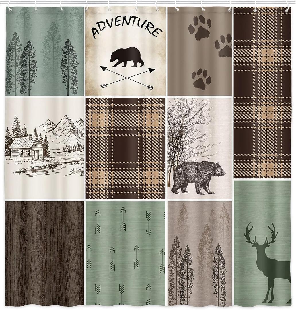 Cabin Retro Rustic Lodge Shower Curtain, Bear Deer Country Hunting Wild Animal Fabric Shower Curtains, Plaid Check Adventure Bathroom Curtain Liner with Hooks (60"W x 70"L (Pack of 1), Green Brown)