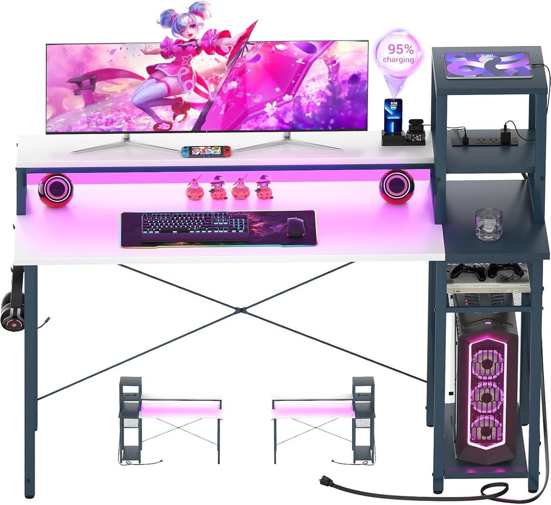 Armocity 2024 Upgrade Gaming Desk with LED Lights, Computer Desk with Long Monitor Stand, 47.2'' Reversible Laptop Table with Storage Shelves, Small Desk for Small Spaces, Gaming Room, White
