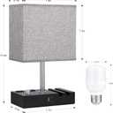 Kakanuo Fully Dimmable Nightstand Lamp for Bedroom with USB C Ports, Grey Small Bedside Table Lamp with Charging Outlets and Phone Stands, Wooden Desk Lamp for Living Room, LED Bulb Included