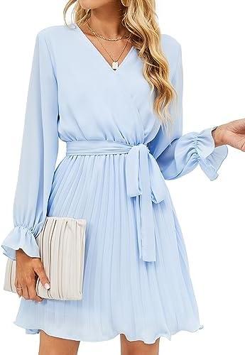 BBX Lephsnt Women’s Summer Casual Wedding Guest Dress Long Puff Sleeve V Neck Pleated Ruffle Flowy Belted Mini Dress, M