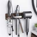 Tindbea Hair Dryer Holder Curling Iron Holder Flat Iron, Blow Dryer Holder Wall Mount, 3 in 1 Bathroom Hair Tool Organizer Rack for Universal Dryer, Walnut Wood Silver Color Metal