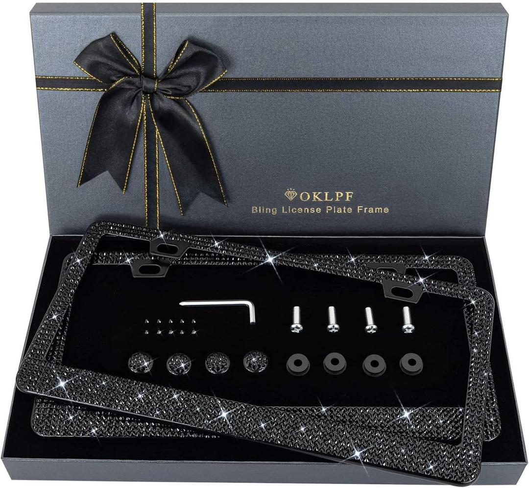 OKLPF Bling License Plate Frame for Women, 2PCS Sparkly License Plate Frames| Over 1200 pcs14 Facets Bedazzled Clear Glass Diamond Rhinestone Crystals w/Free Glitter Diamond Box (Black)