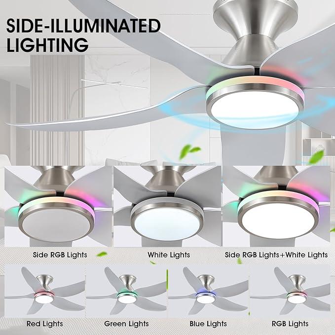 Kviflon Ceiling Fans with Lights Remote/APP Control, 38" Low Profile Ceiling Fans with Dimmable White Colors+RGB Ring Lights, 6 Speeds 5 Reversible Blades for Kids Room Bedroom Living Room, Nickel