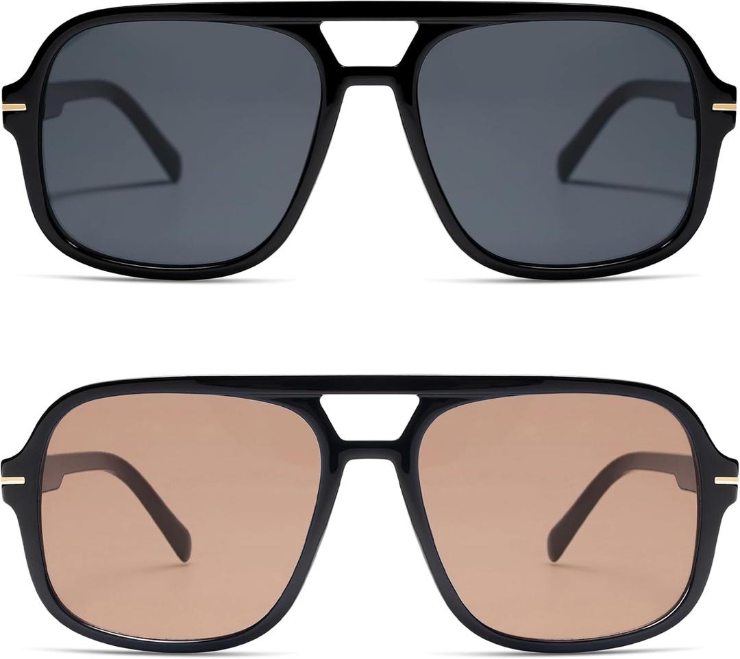 Retro Trendy Square Aviator Sunglasses Womens Mens 70s Classic Vintage Oversized Sun Glasses AR82173 (Black+black/Light Red)