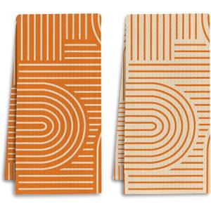 Abstract Boho Orange Kitchen Towels, Minimalist Contemporary Dish Tea Towels for Kitchen Decor, Mid Century Modern Orange Decorative Hand Towel for Bathroom, 16x24 Inches Set of 2