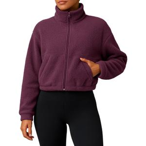 PINKMSTYLE Women Zip Up Fleece Sherpa Jacket Coat - Winter Warm Trendy Cropped Sweatshirt for Casual,Workout (Red, L)