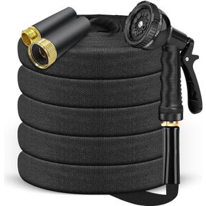 100ft Non-Expanding Garden Hose with 8-Pattern Nozzle - Lightweight, Kink-Free for Lawn, Car Wash & Outdoor Use (Black)