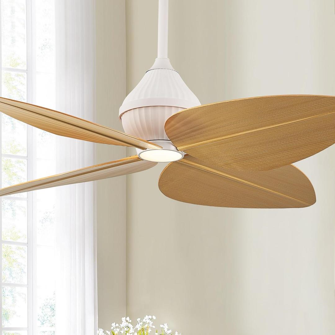 52" Ceiling Fan, Tropical Ceiling Fans with APP and Remote Control, Indoor Palm Leaf Ceiling Fans with Lights for Living Room Bedroom Patios, Dimmable, Light Wood Grain 