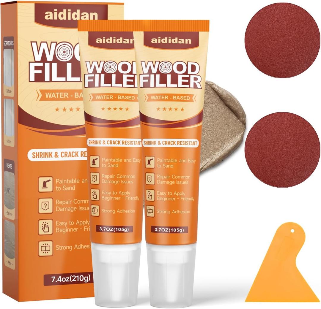 Wood Filler, 2 Pack Water-Based Wood Putty, Paintable & Stainable Wood Repair Kit, Shrink & Crack Resistant, Wood Furniture Repair Putty, Quick Repair for Cracks, Holes and Damage (7.4 oz)