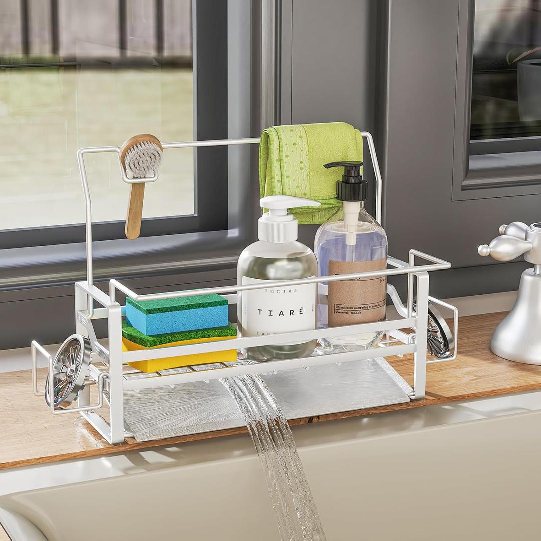 Sponge Holder for Kitchen Sink, Rustproof 304 Stainless Steel, Kitchen Sink Organizer for Sponges, Soap Dispenser, Brush, Towel, Sponge Caddy (Silver)