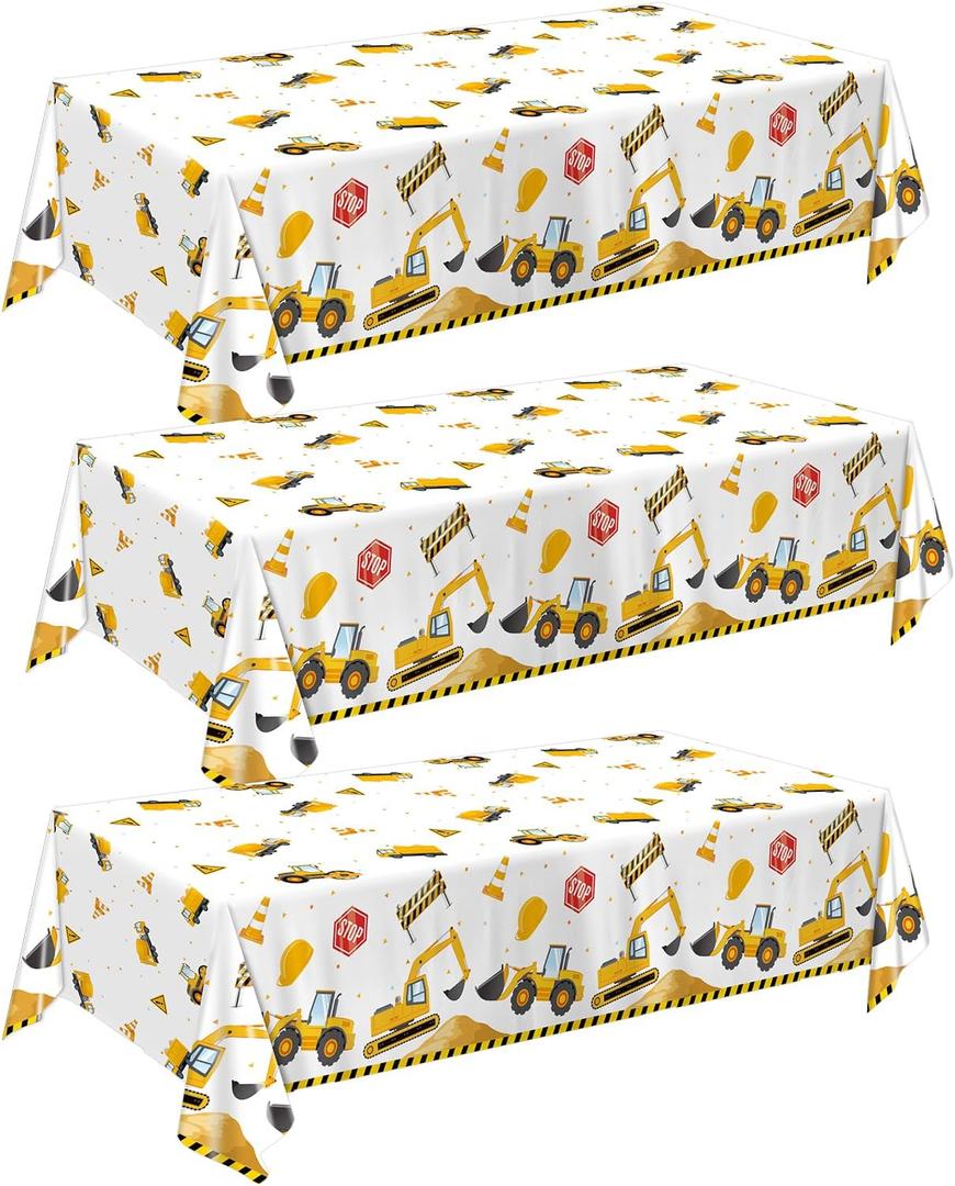 QIYANPAX 3 Pack Construction Plastic Birthday Party Tablecloths, 54 x 108 Inches - Construction Table Covers for Kids' Boys' Construction Birthday Decorations